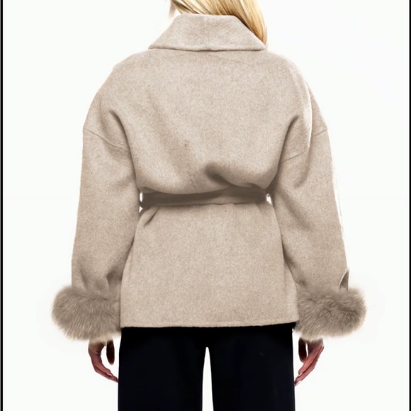Taupe luxurious fair fur trim sleeve cuffs belted jacket coat - Picture 3 of 5